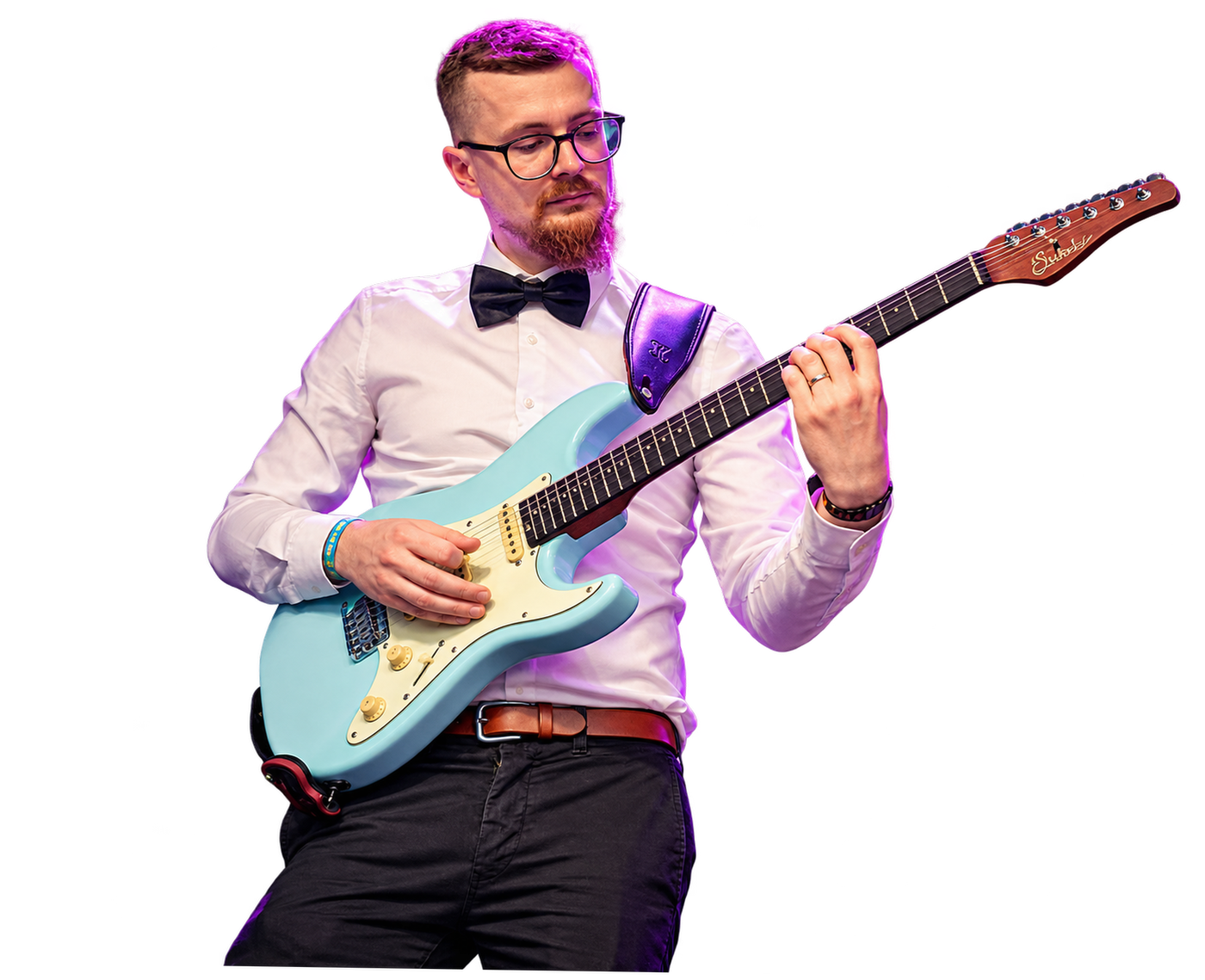 Lanni playing a light blue guitar