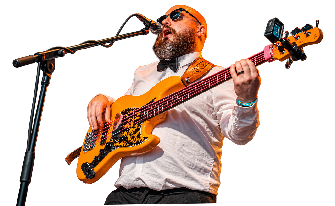 Reuben singing and playing an orange bass